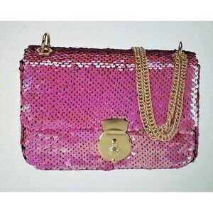 Pink Sequin Shoulder Bag Gold Chain Metal Strap Turn Lock Gold Hardware Women
